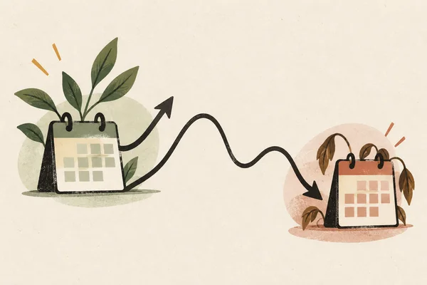 Ilustração de calendário com crescimento e queda na prospecção
